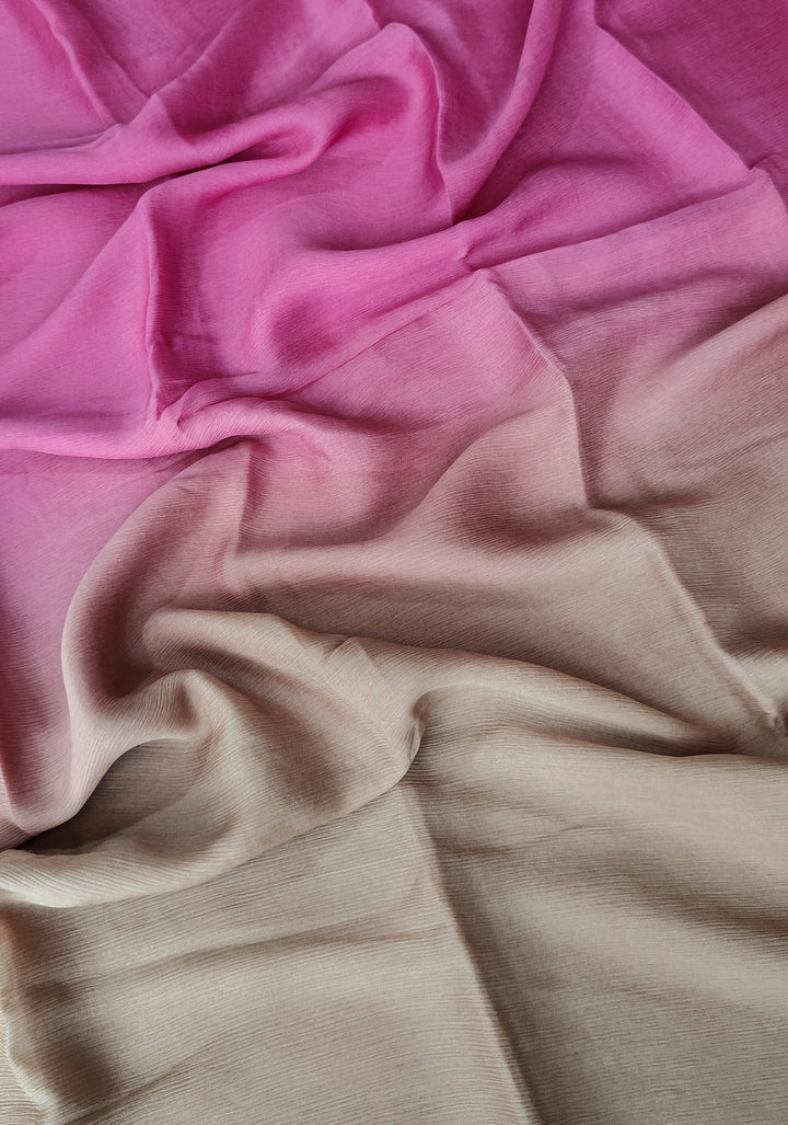 Bollywood style ombre pure chiffon Saree in Pink andSand, No Blouse Piece