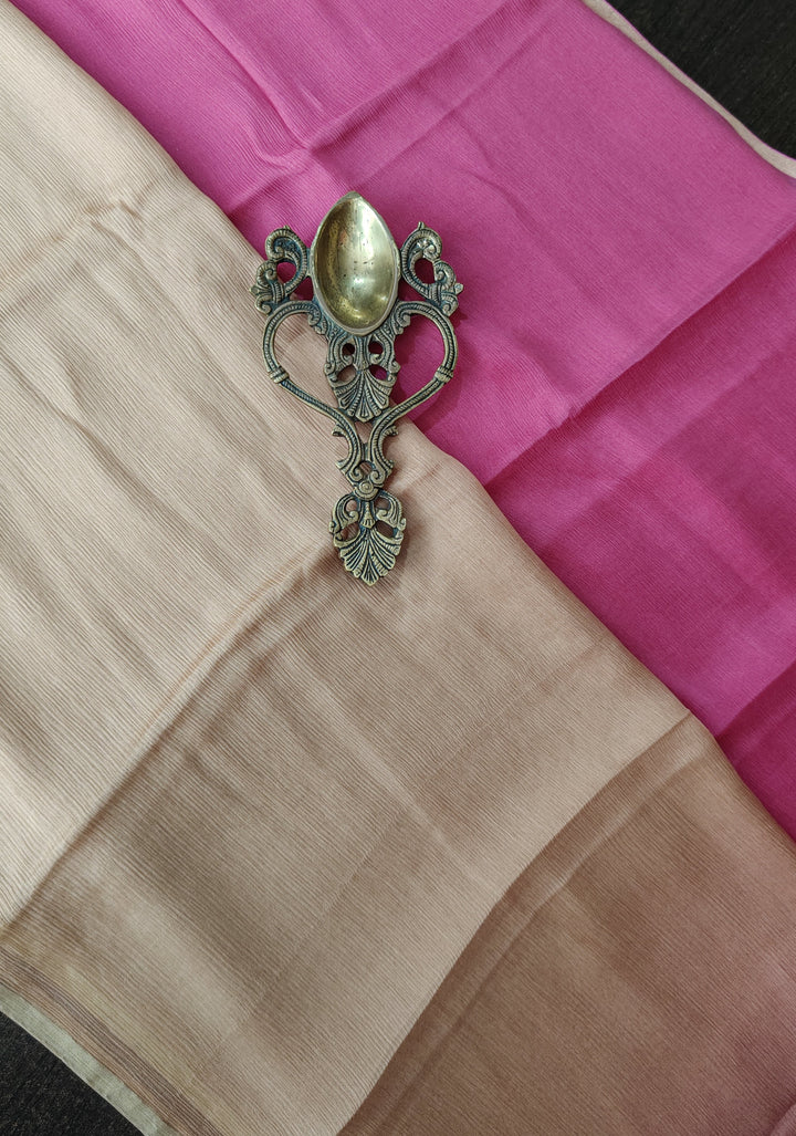 Bollywood style ombre pure chiffon Saree in Pink andSand, No Blouse Piece