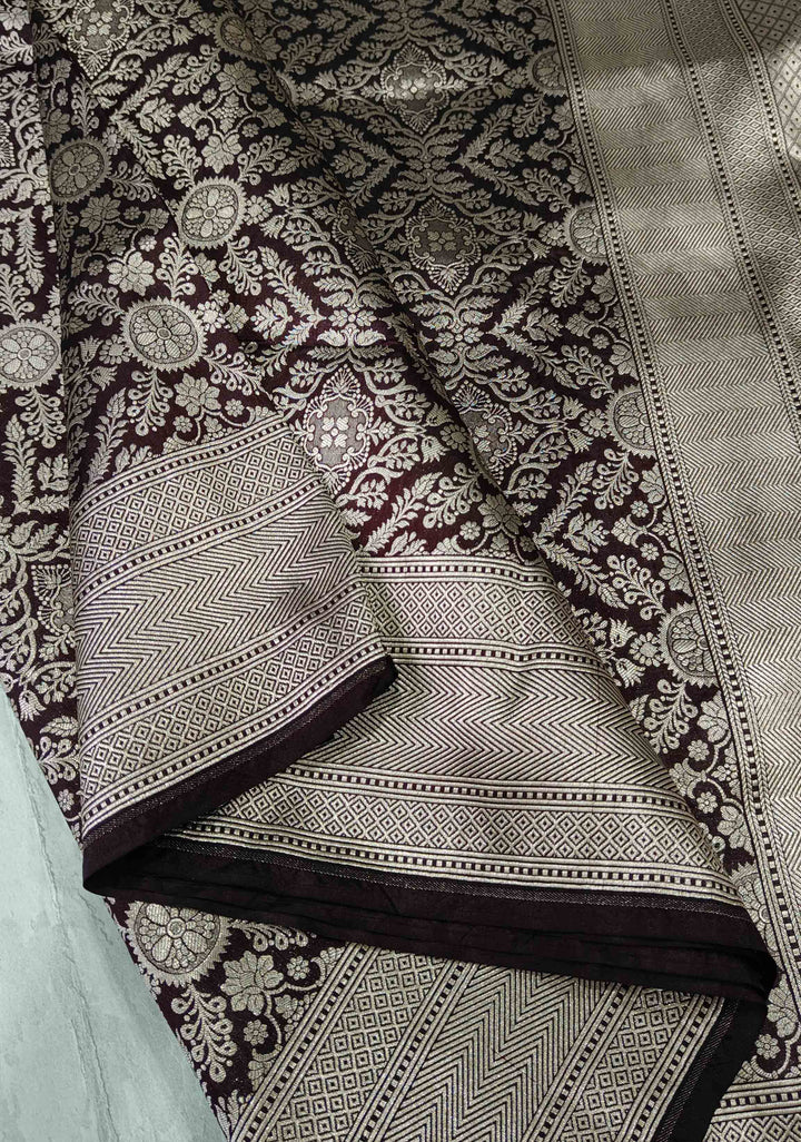 Black Banarasi Katan Silk Saree with Brocade Jaal and Zari Borders | SILK MARK CERTIFIED