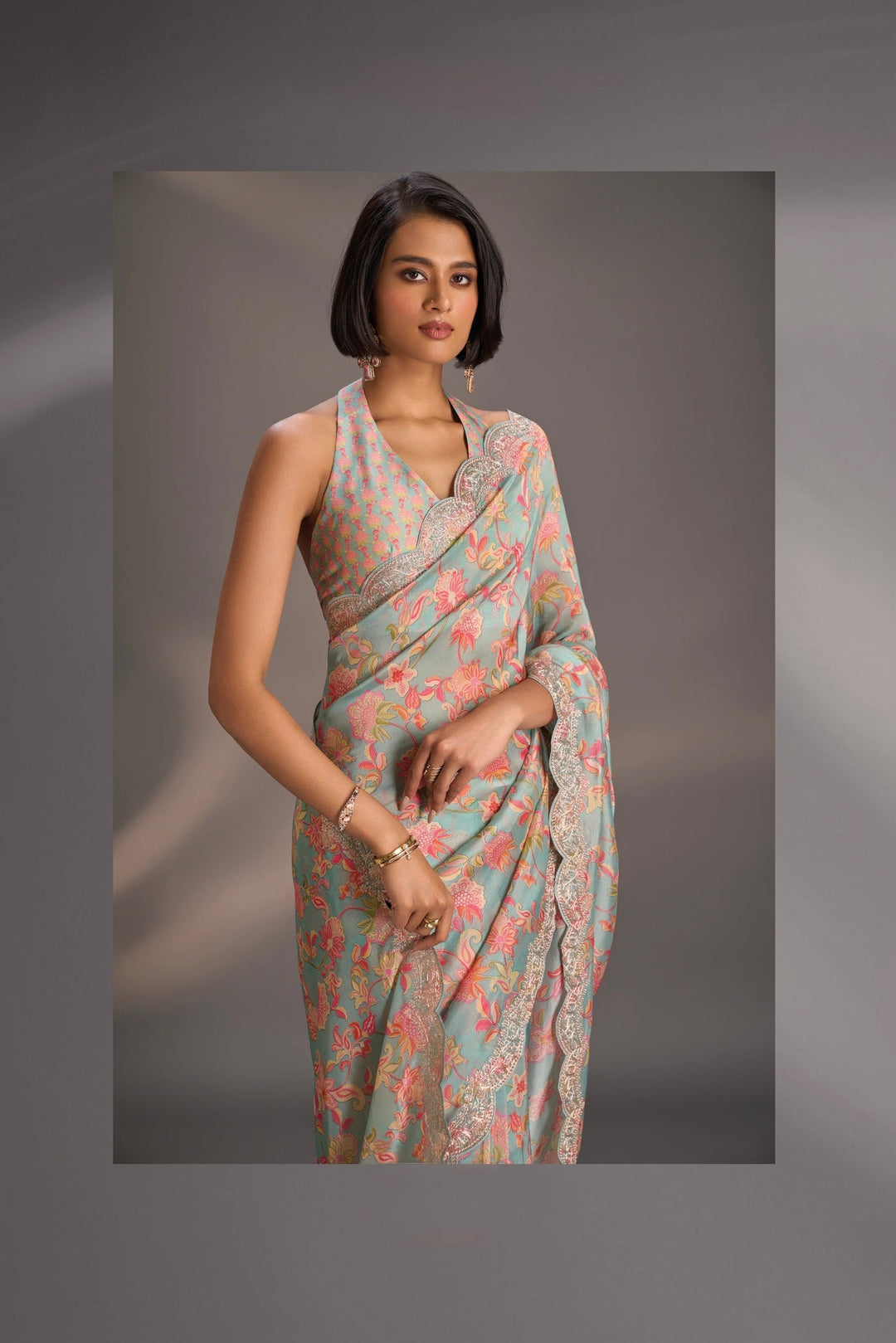 Blue Vegan habutai Silk Saree with Digital Print and Cord Pitta Embroidery Border, No Blouse Piece