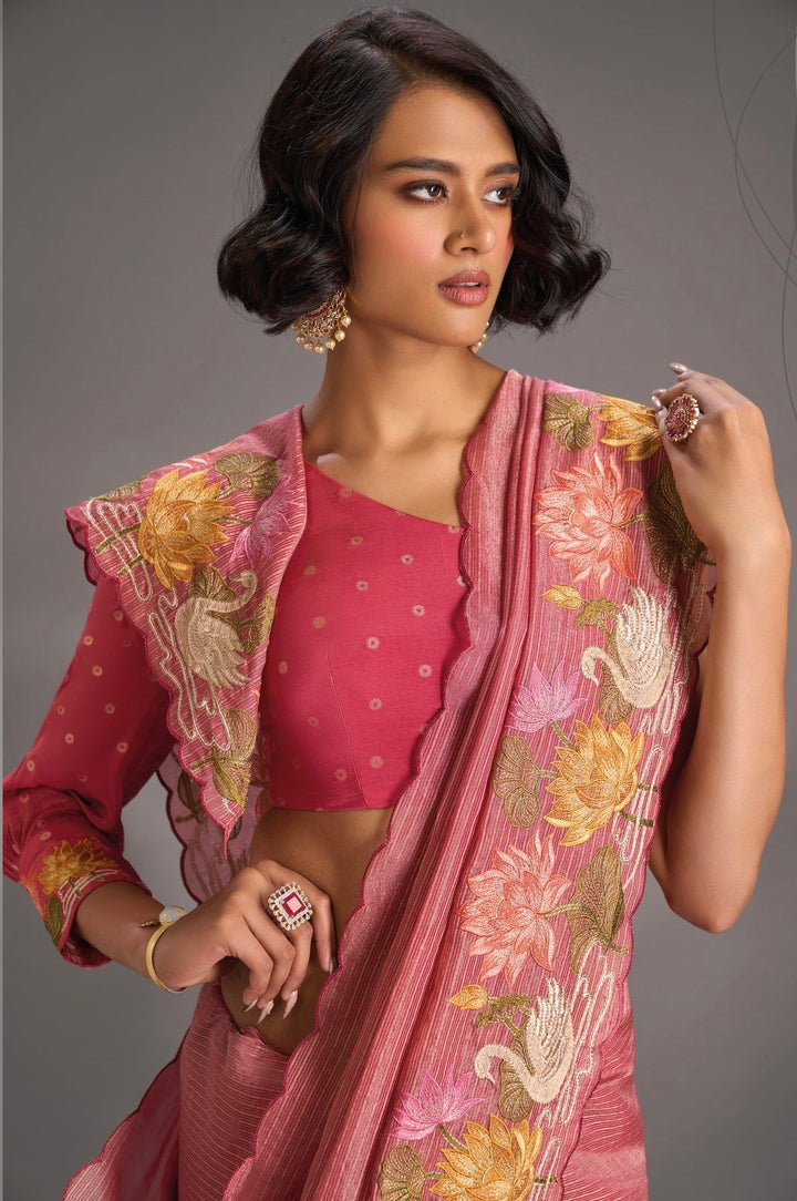 Rose Pink Vegan Viscose Tissue Stripes Saree with Lotus and Swan Embroidery Scallop Border