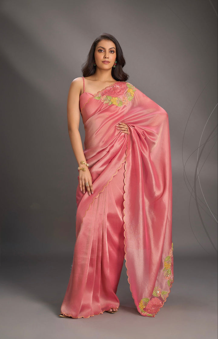 Rose Pink Vegan Organza Tissue Saree with Applique-Moti, Sequins Hand Embroidery and Scallop Border