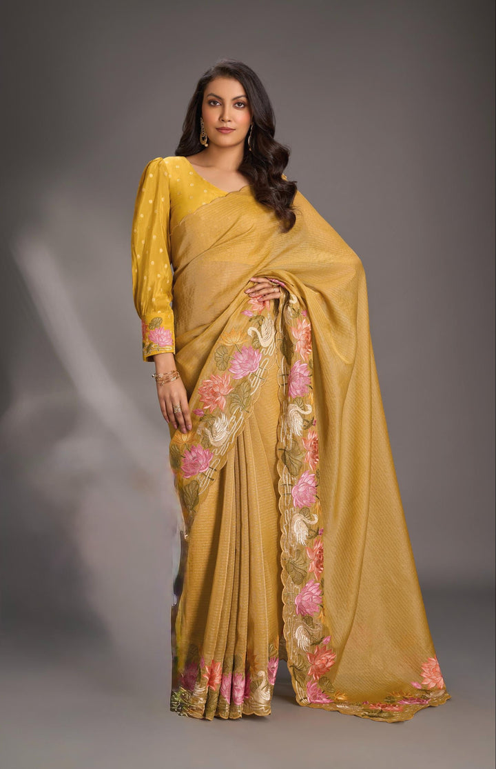Mustard Yellow Vegan Viscose Tissue Stripes Saree with Meenakari Embroidery Scallop Border
