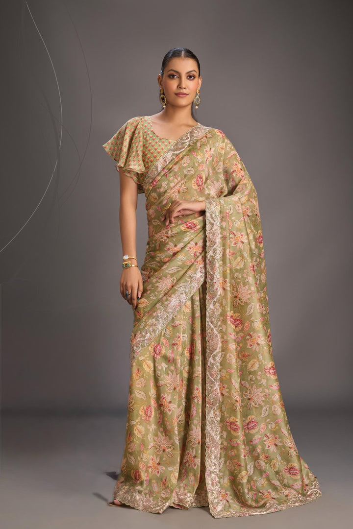 Green Vegan Silk Habutai Saree with Digital Print and Cord Pitta Embroidery Border, No Blouse Piece
