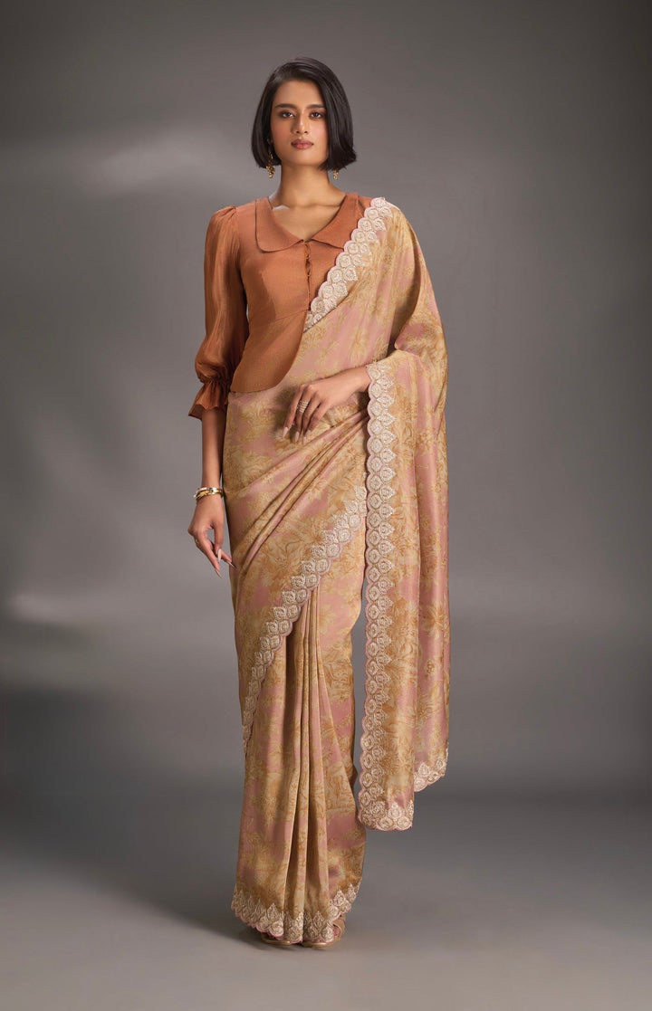 Dusty Rose Vegan Viscose Tissue Saree with Printed Toile Pattern and Cord Pitta Embroidery Scallop Border