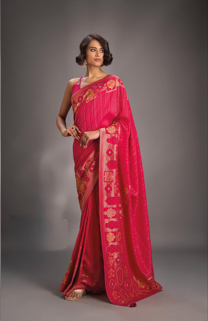 Rani Pink Vegan Viscose Silk Saree with Jharokha-Inspired Patterns Border