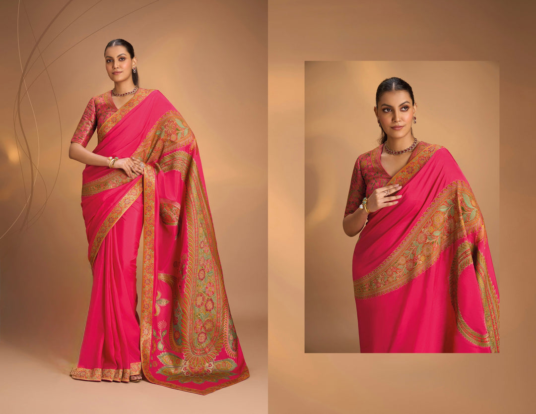 Vegan Soft Silk Saree with Floral Brocade and paisley motifs in Hot Pink with Scallop border  No Blouse Piece