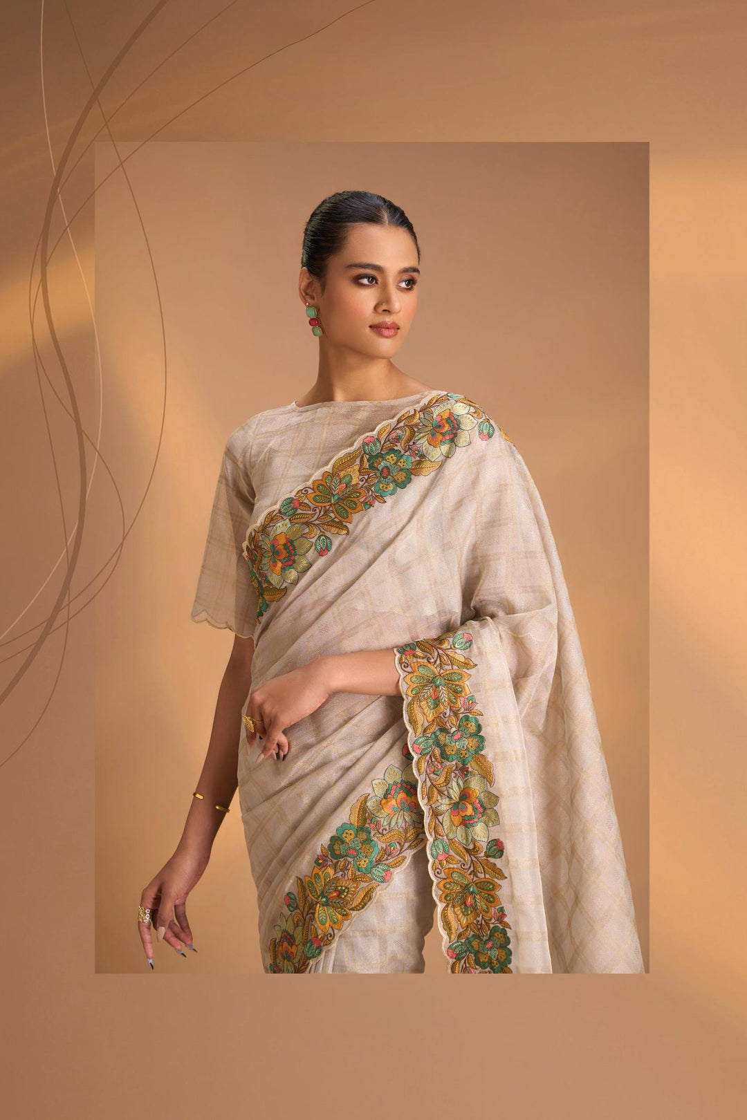 Beige Vegan Organza Tissue Saree with Checks and Multi Color Thread Embroidery Border,  No Blouse Piece