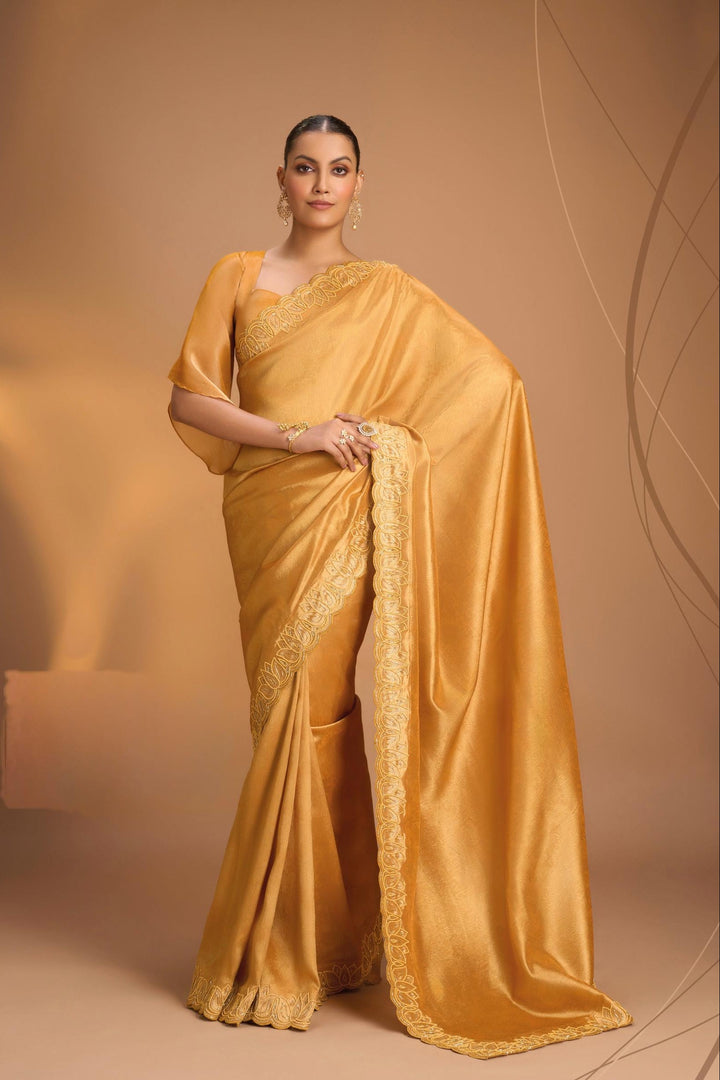 Mustard Yellow Vegan Organza Tissue Saree with Hand Embroidery Border, No Blouse Piece