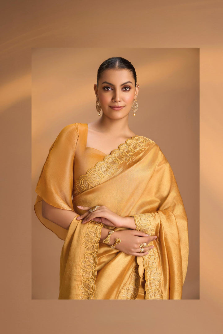 Mustard Yellow Vegan Organza Tissue Saree with Hand Embroidery Border, No Blouse Piece