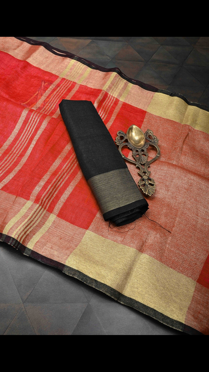 Pre Order Cricket Set Theme : Red Pure Linen by Linen Saree with Embroidery and Zari Border