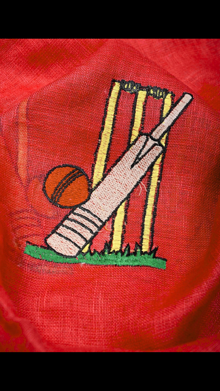 Pre Order Cricket Set Theme : Red Pure Linen by Linen Saree with Embroidery and Zari Border