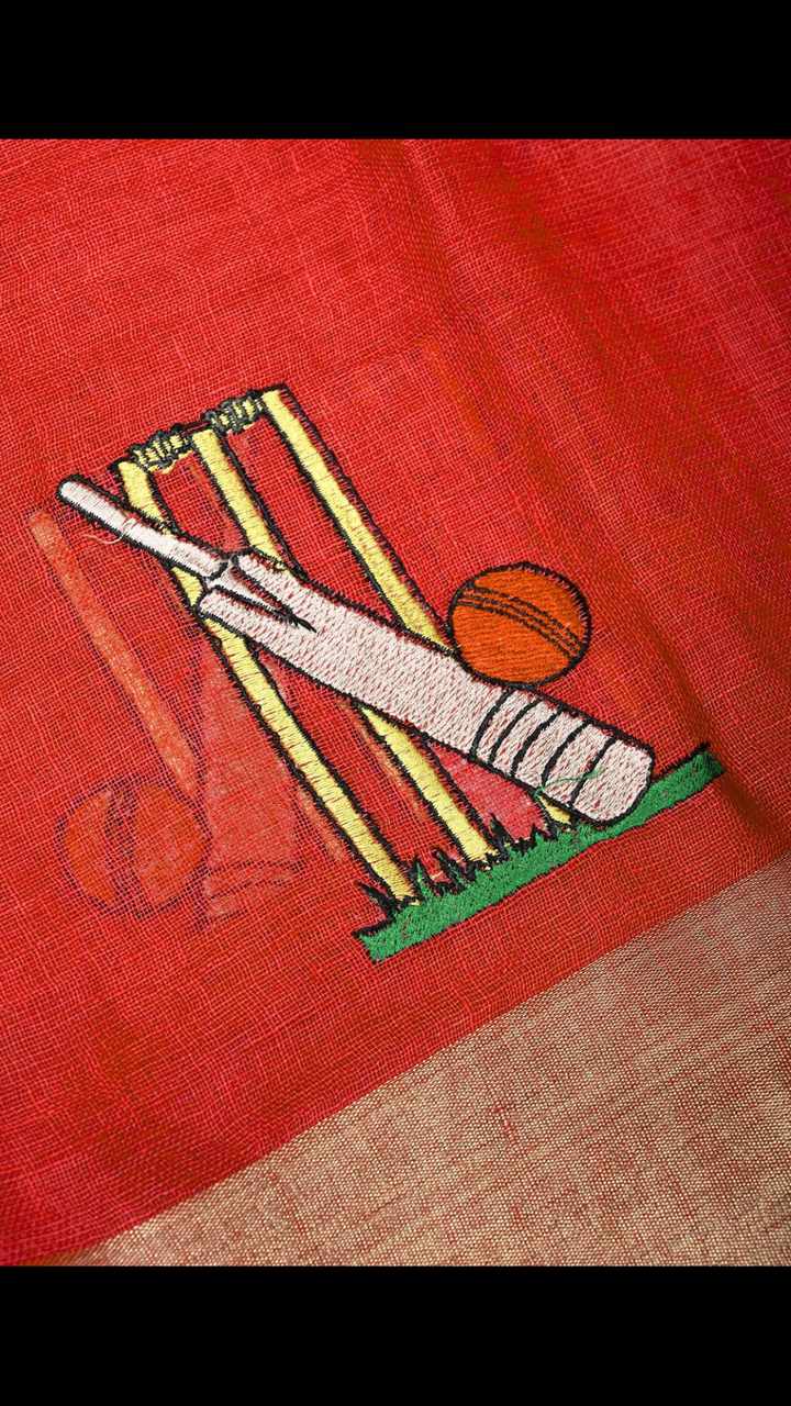 Pre Order Cricket Set Theme : Red Pure Linen by Linen Saree with Embroidery and Zari Border