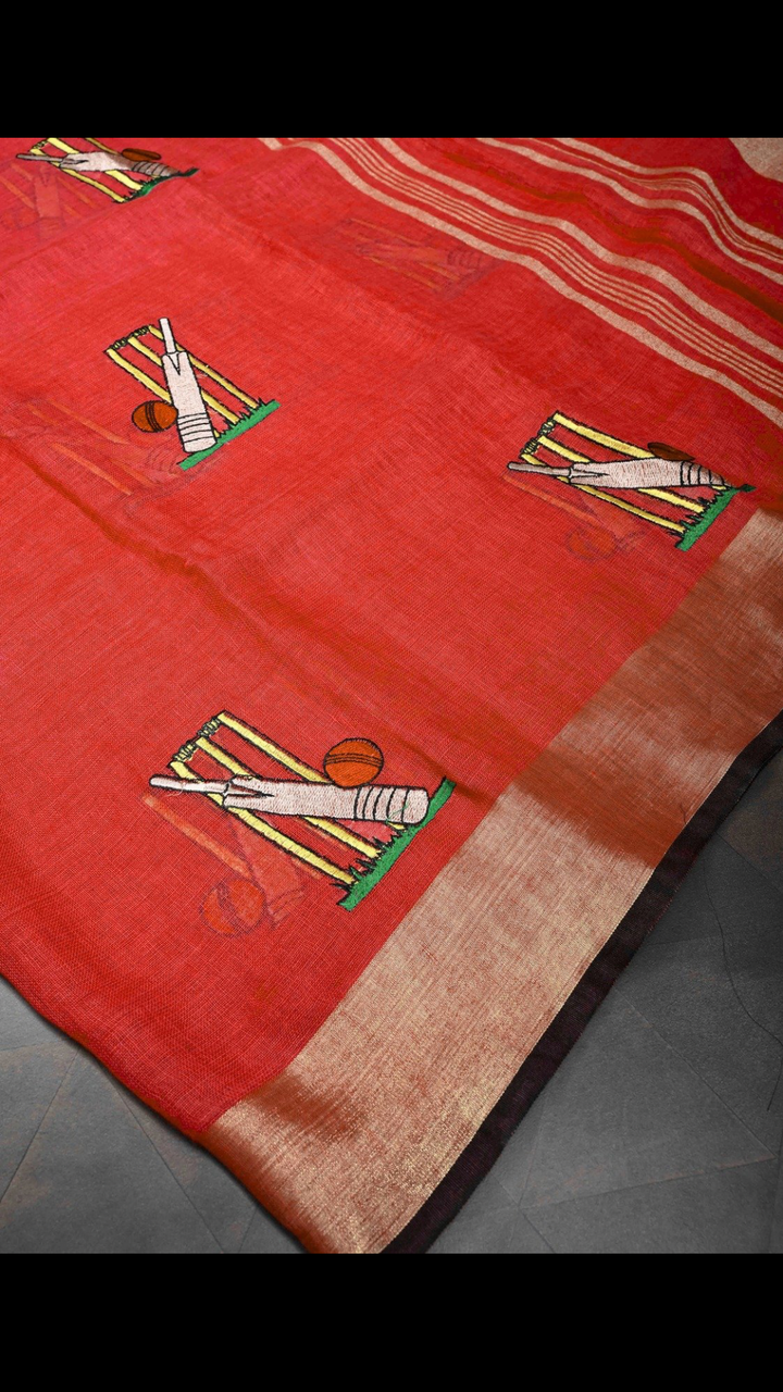 Pre Order Cricket Set Theme : Red Pure Linen by Linen Saree with Embroidery and Zari Border