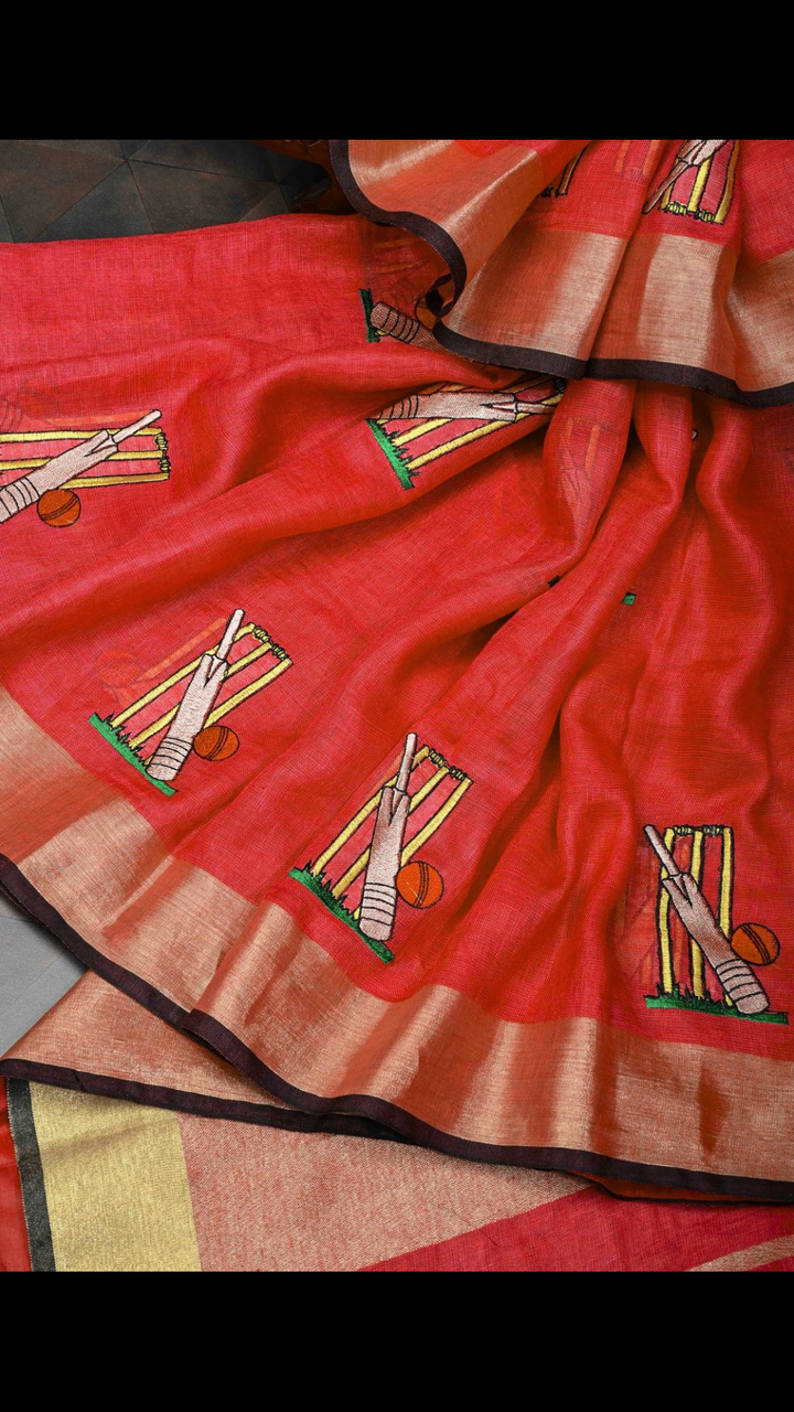 Pre Order Cricket Set Theme : Red Pure Linen by Linen Saree with Embroidery and Zari Border