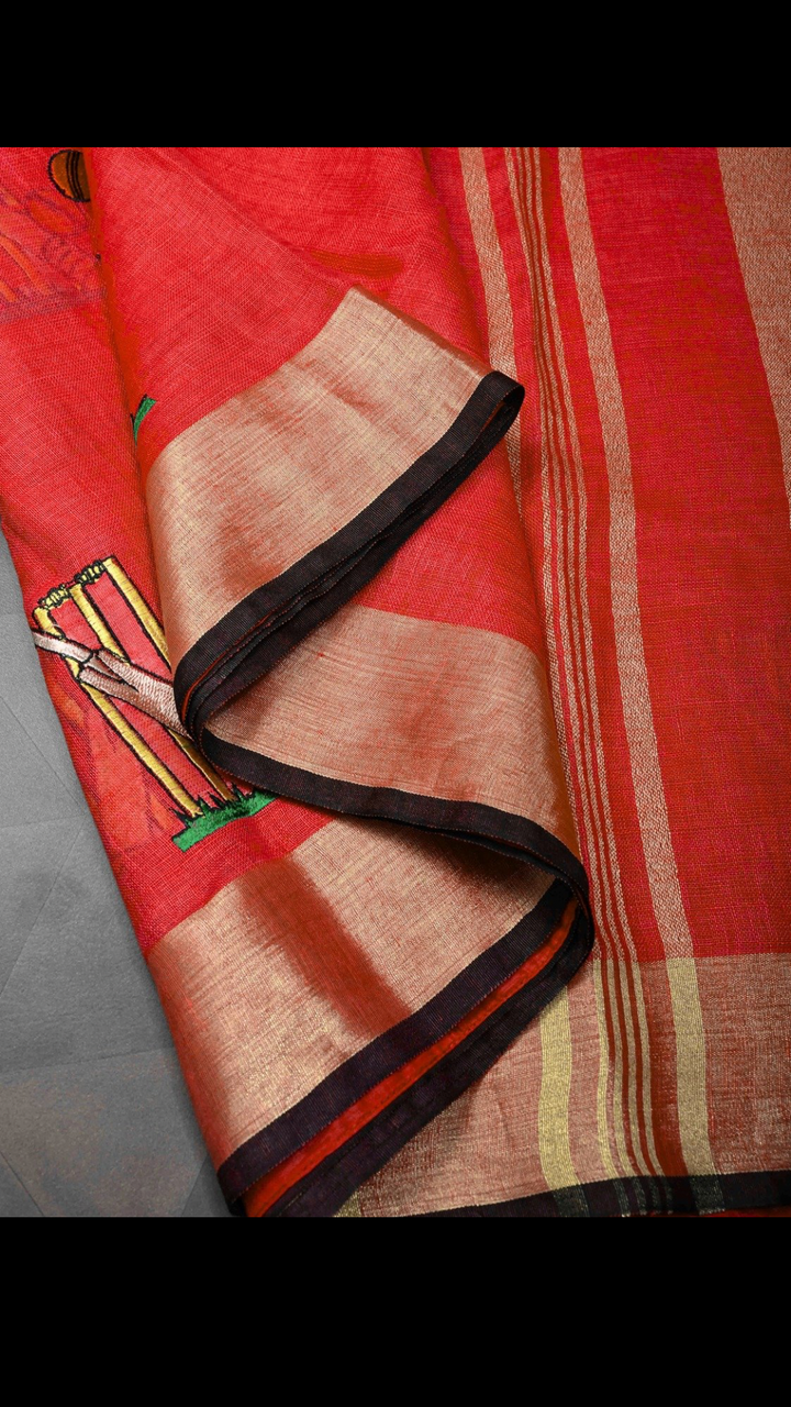 Pre Order Cricket Set Theme : Red Pure Linen by Linen Saree with Embroidery and Zari Border
