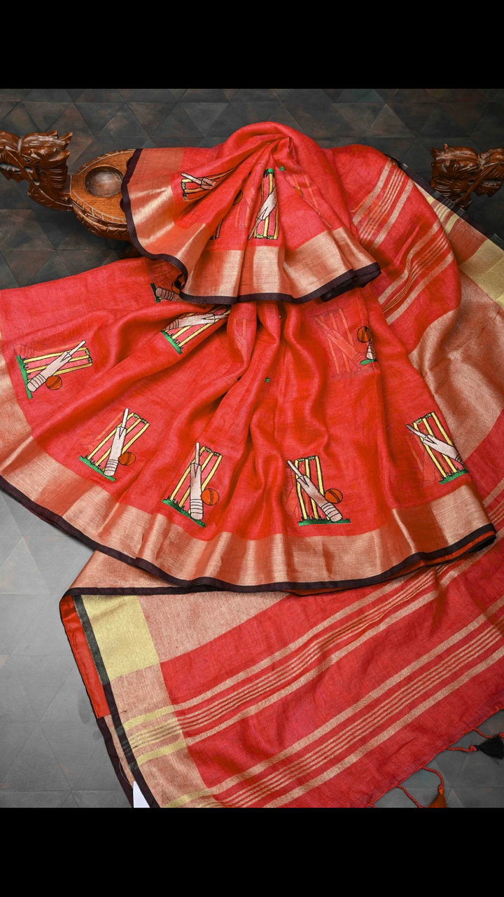 Pre Order Cricket Set Theme : Red Pure Linen by Linen Saree with Embroidery and Zari Border