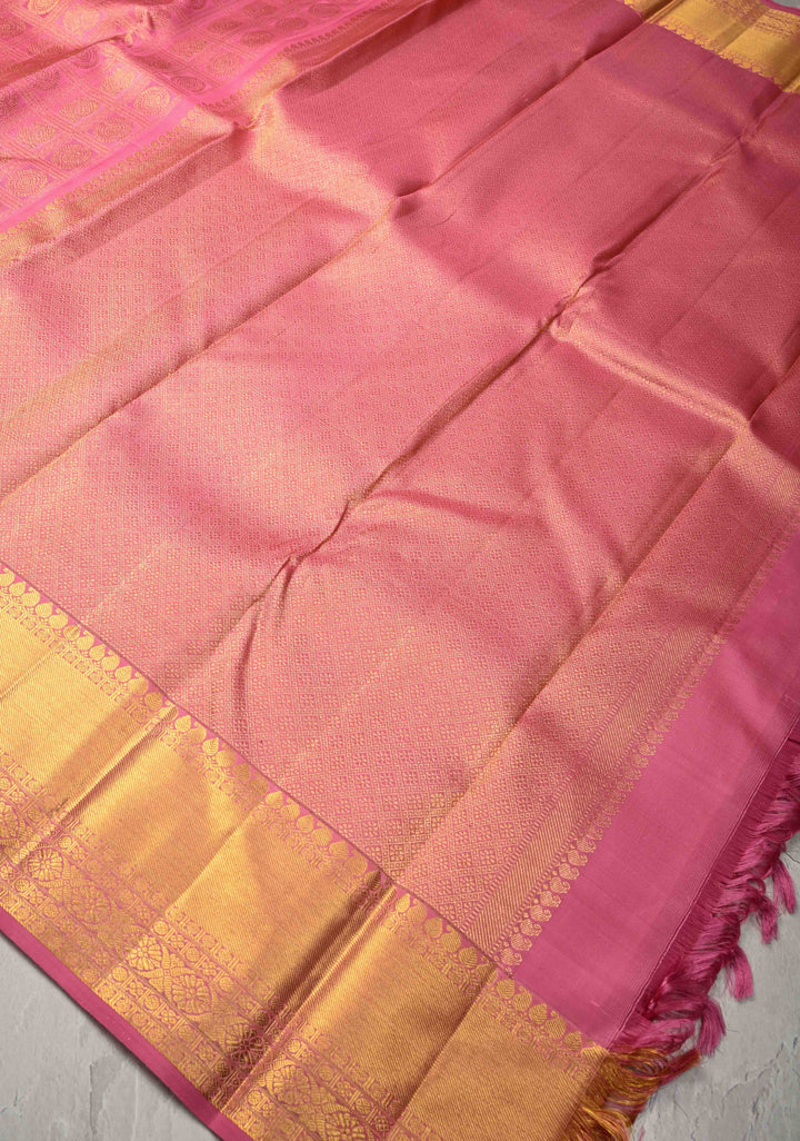Rose Pink Pure Kanjivaram Silk Saree with Meenakari Patola Brocade and Zari Border | SILK MARK CERTIFIED