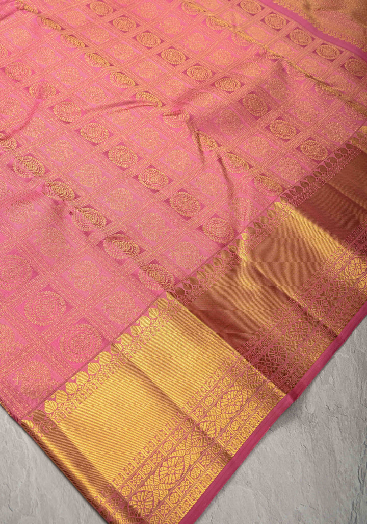 Rose Pink Pure Kanjivaram Silk Saree with Meenakari Patola Brocade and Zari Border | SILK MARK CERTIFIED