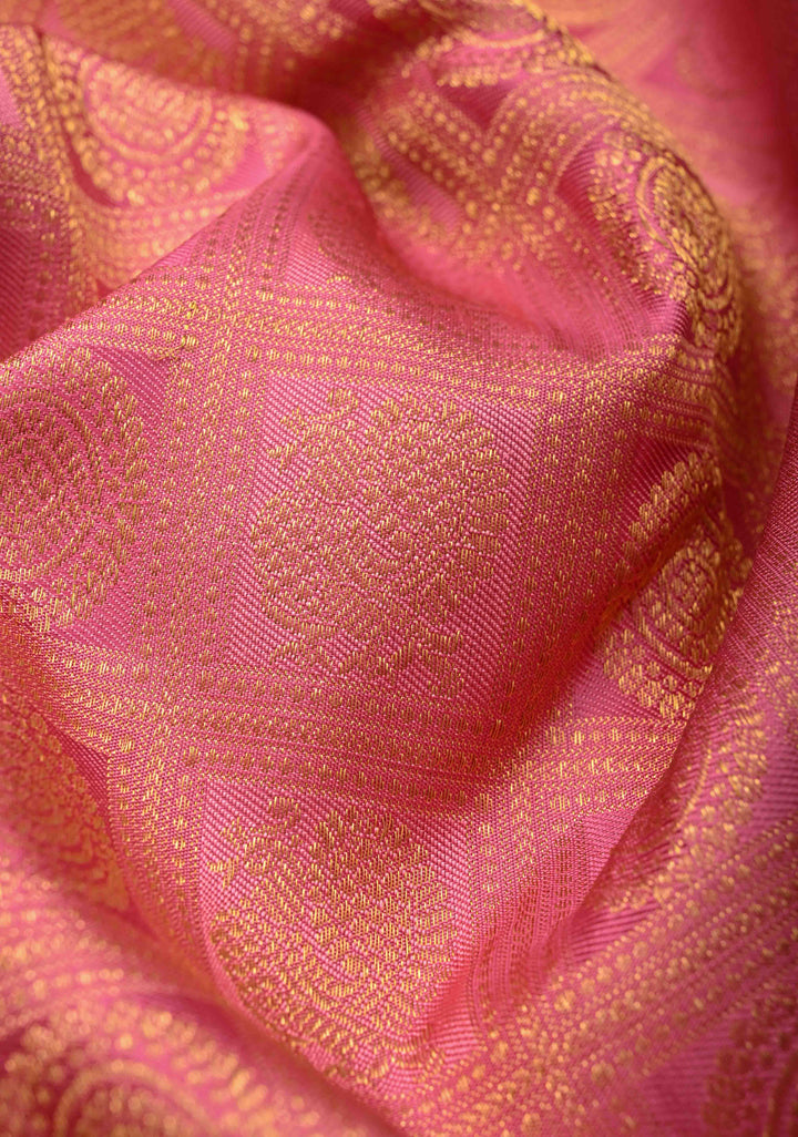 Rose Pink Pure Kanjivaram Silk Saree with Meenakari Patola Brocade and Zari Border | SILK MARK CERTIFIED
