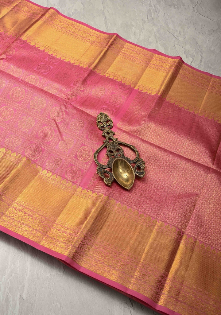Rose Pink Pure Kanjivaram Silk Saree with Meenakari Patola Brocade and Zari Border | SILK MARK CERTIFIED