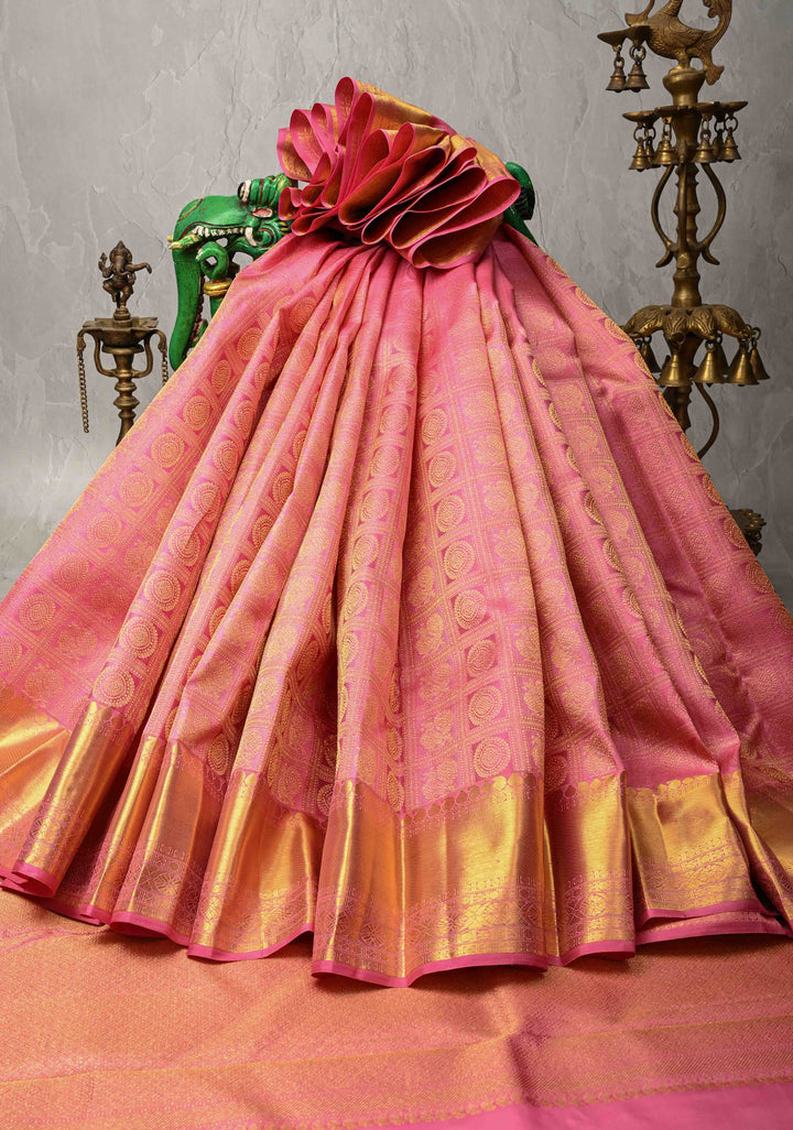 Rose Pink Pure Kanjivaram Silk Saree with Meenakari Patola Brocade and Zari Border | SILK MARK CERTIFIED