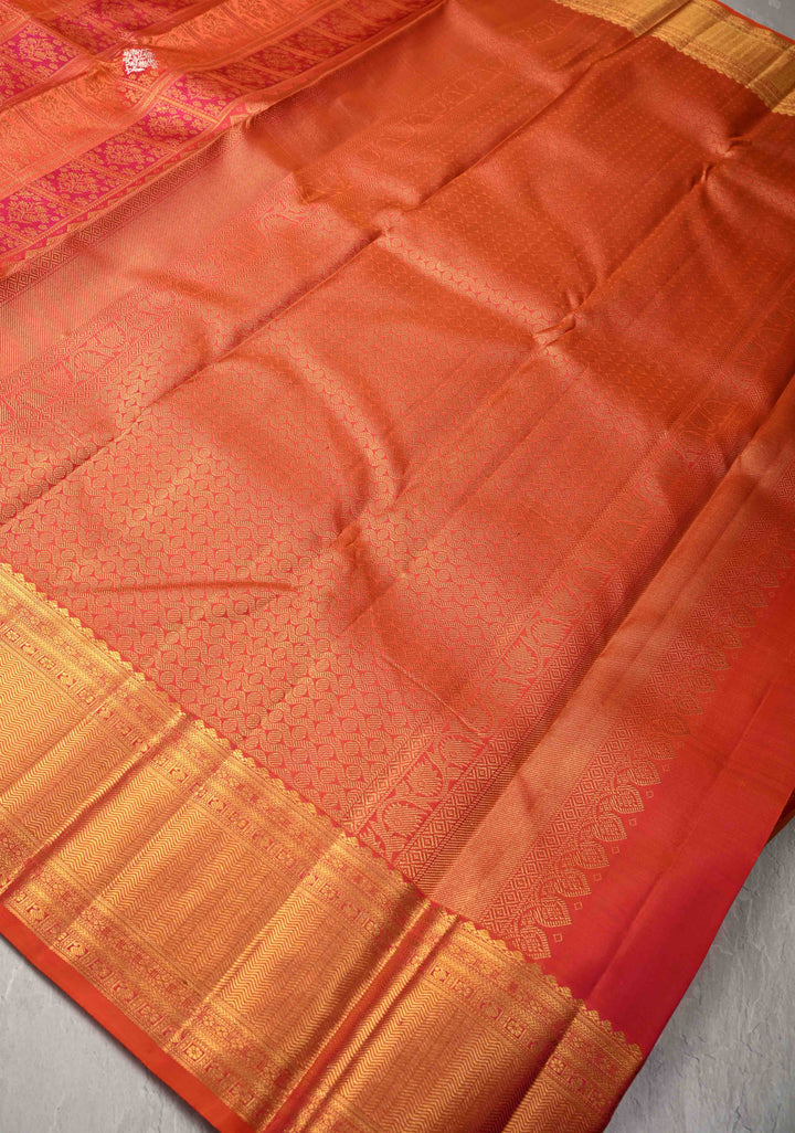Pink-Orange Pure Kanjivaram Silk Saree with Meenakari Patola Brocade and Zari Border | SILK MARK CERTIFIED