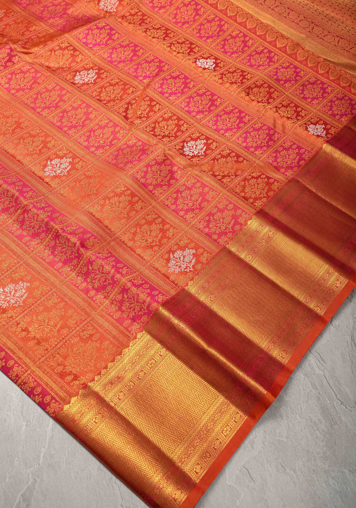 Pink-Orange Pure Kanjivaram Silk Saree with Meenakari Patola Brocade and Zari Border | SILK MARK CERTIFIED