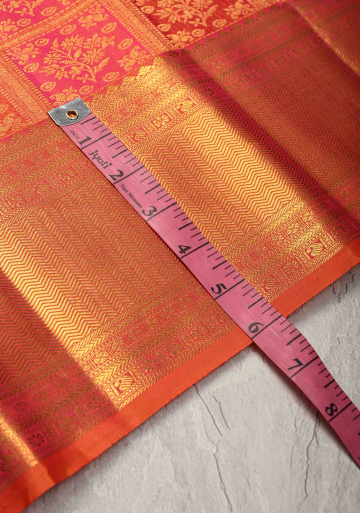 Pink-Orange Pure Kanjivaram Silk Saree with Meenakari Patola Brocade and Zari Border | SILK MARK CERTIFIED