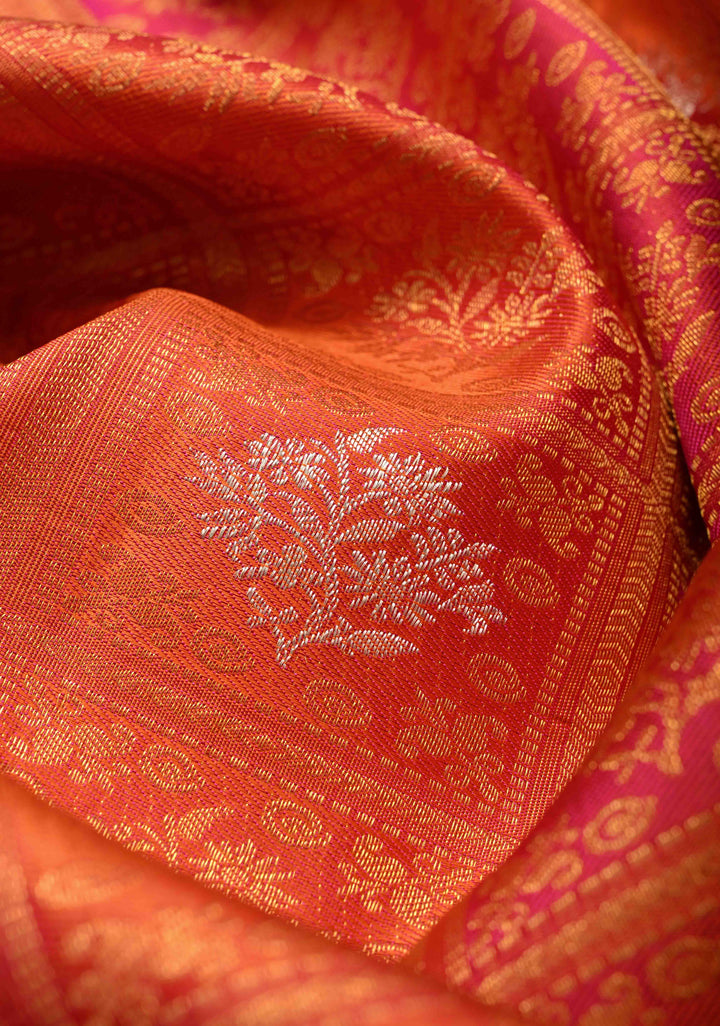 Pink-Orange Pure Kanjivaram Silk Saree with Meenakari Patola Brocade and Zari Border | SILK MARK CERTIFIED