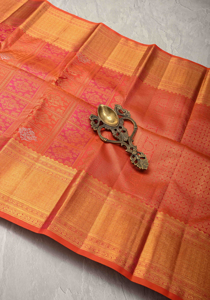 Pink-Orange Pure Kanjivaram Silk Saree with Meenakari Patola Brocade and Zari Border | SILK MARK CERTIFIED