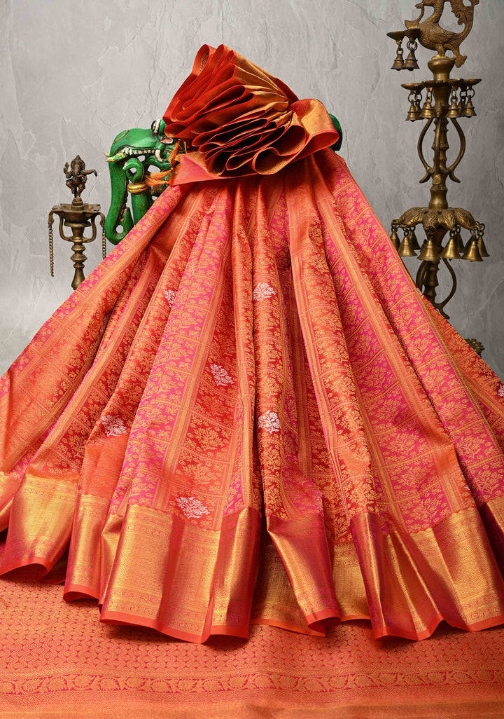 Pink-Orange Pure Kanjivaram Silk Saree with Meenakari Patola Brocade and Zari Border | SILK MARK CERTIFIED