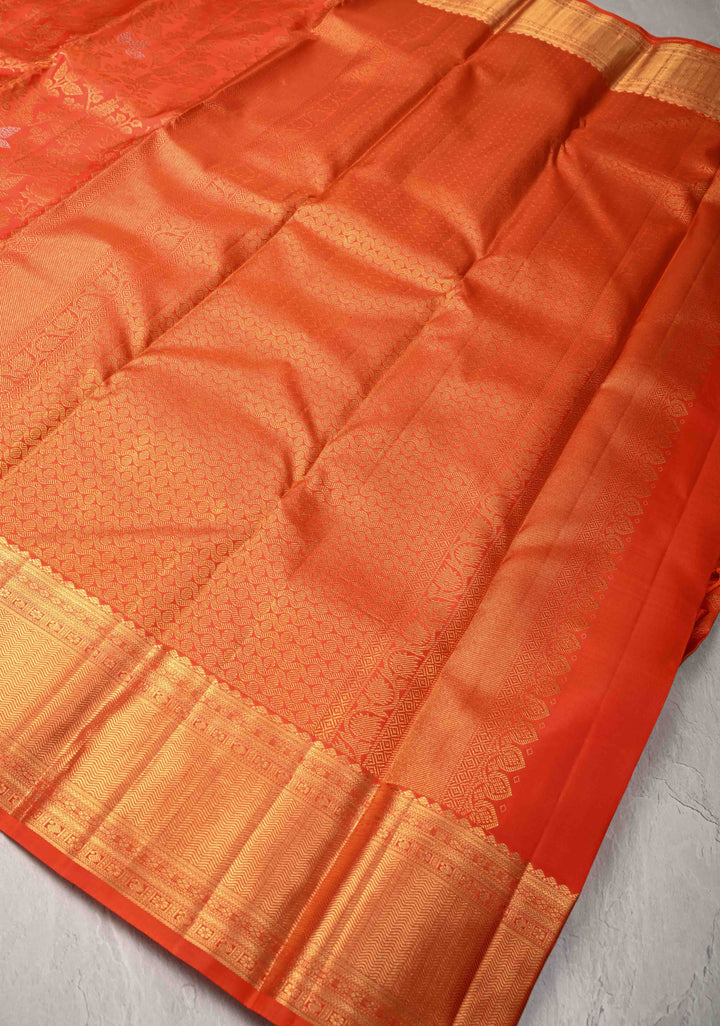 Orange Kanjivaram Pure Silk Saree with Meenakari Floral Brocade Jaal and Zari Border | SILK MARK CERTIFIED