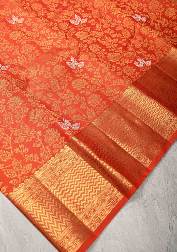 Orange Kanjivaram Pure Silk Saree with Meenakari Floral Brocade Jaal and Zari Border | SILK MARK CERTIFIED