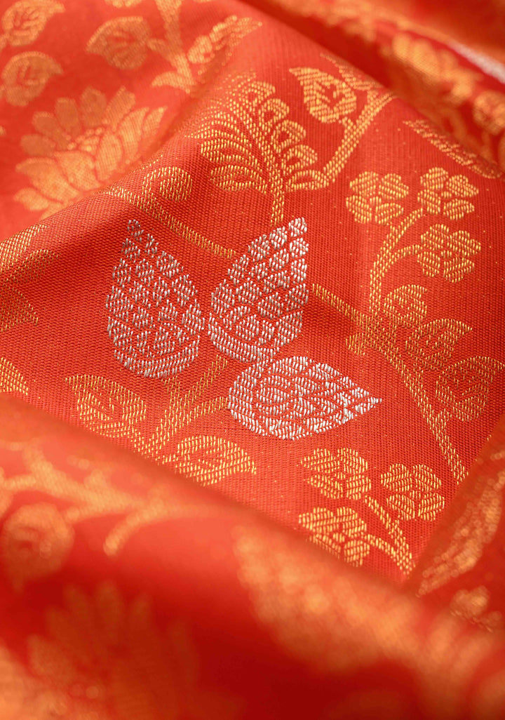 Orange Kanjivaram Pure Silk Saree with Meenakari Floral Brocade Jaal and Zari Border | SILK MARK CERTIFIED