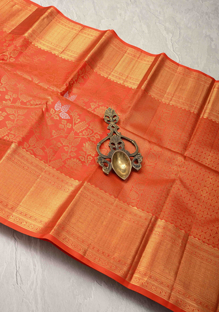 Orange Kanjivaram Pure Silk Saree with Meenakari Floral Brocade Jaal and Zari Border | SILK MARK CERTIFIED