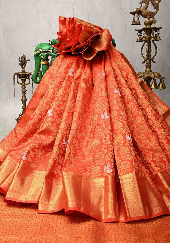 Orange Kanjivaram Pure Silk Saree with Meenakari Floral Brocade Jaal and Zari Border | SILK MARK CERTIFIED