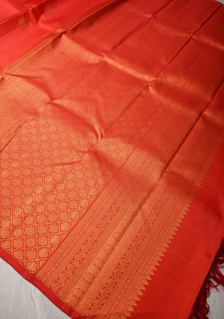 Reddish-Orange Kanjivaram Silk Saree with Zari Buttas and Arch Border | SILK MARK CERTIFIED