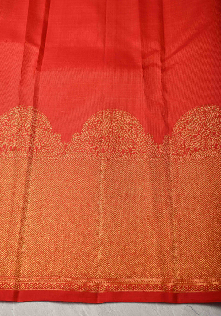 Reddish-Orange Kanjivaram Silk Saree with Zari Buttas and Arch Border | SILK MARK CERTIFIED