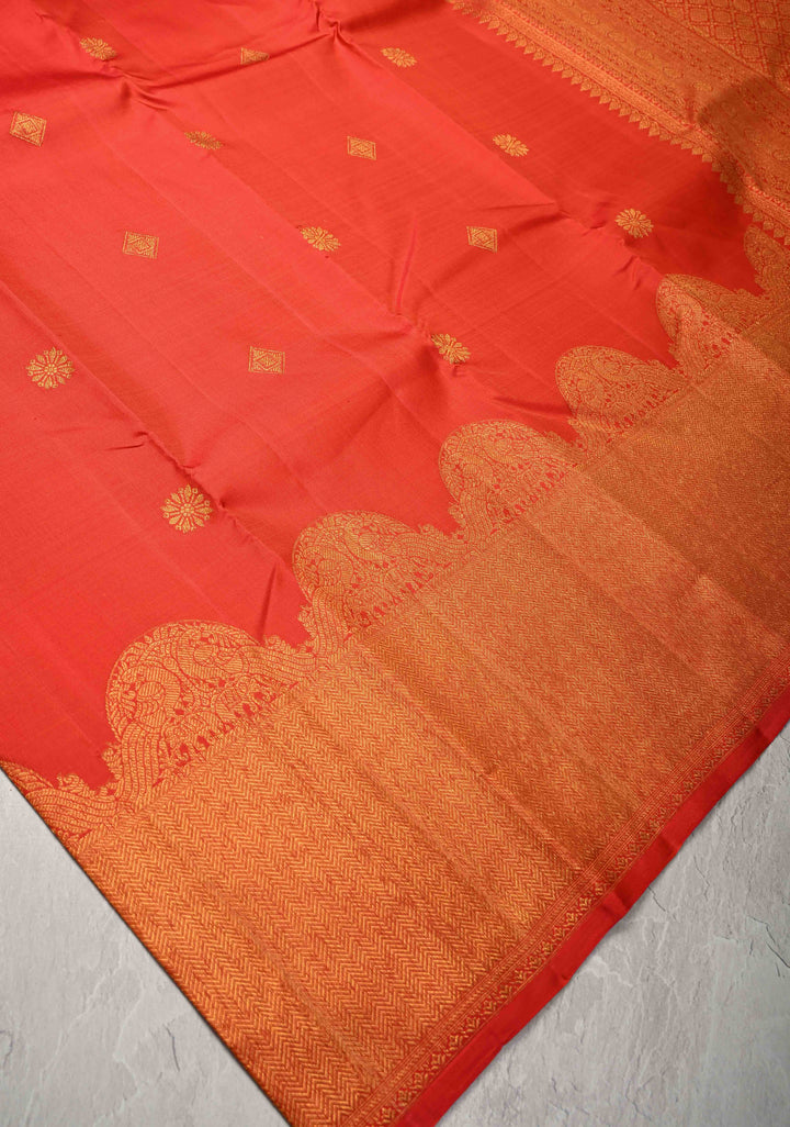 Reddish-Orange Kanjivaram Silk Saree with Zari Buttas and Arch Border | SILK MARK CERTIFIED