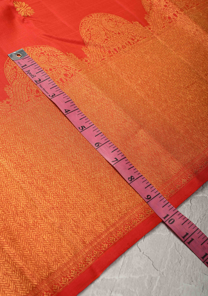 Reddish-Orange Kanjivaram Silk Saree with Zari Buttas and Arch Border | SILK MARK CERTIFIED