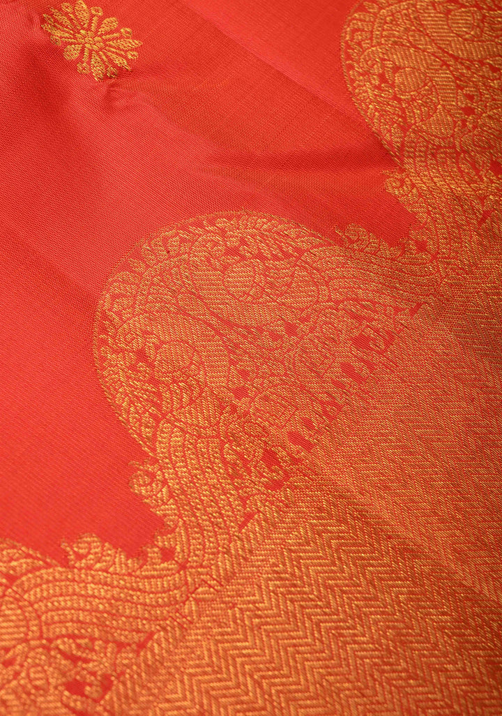 Reddish-Orange Kanjivaram Silk Saree with Zari Buttas and Arch Border | SILK MARK CERTIFIED