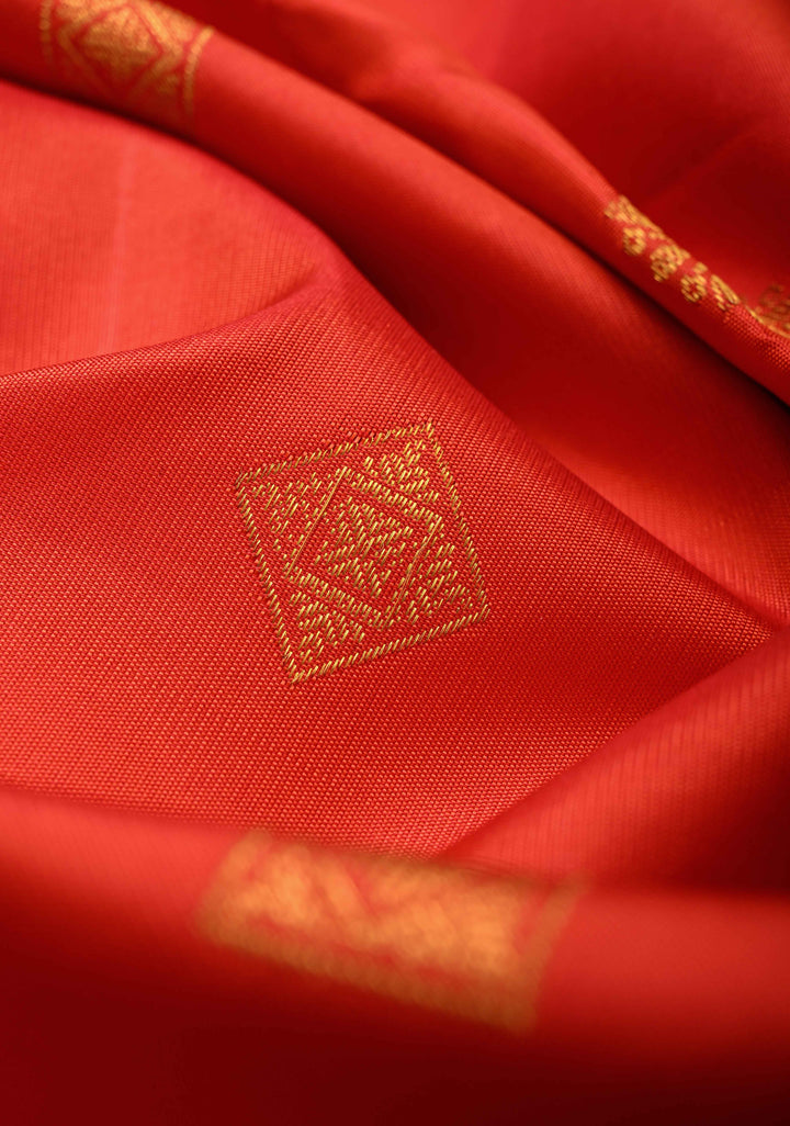 Reddish-Orange Kanjivaram Silk Saree with Zari Buttas and Arch Border | SILK MARK CERTIFIED
