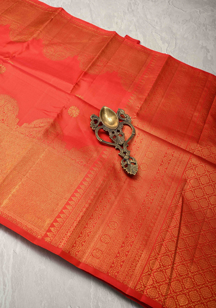 Reddish-Orange Kanjivaram Silk Saree with Zari Buttas and Arch Border | SILK MARK CERTIFIED