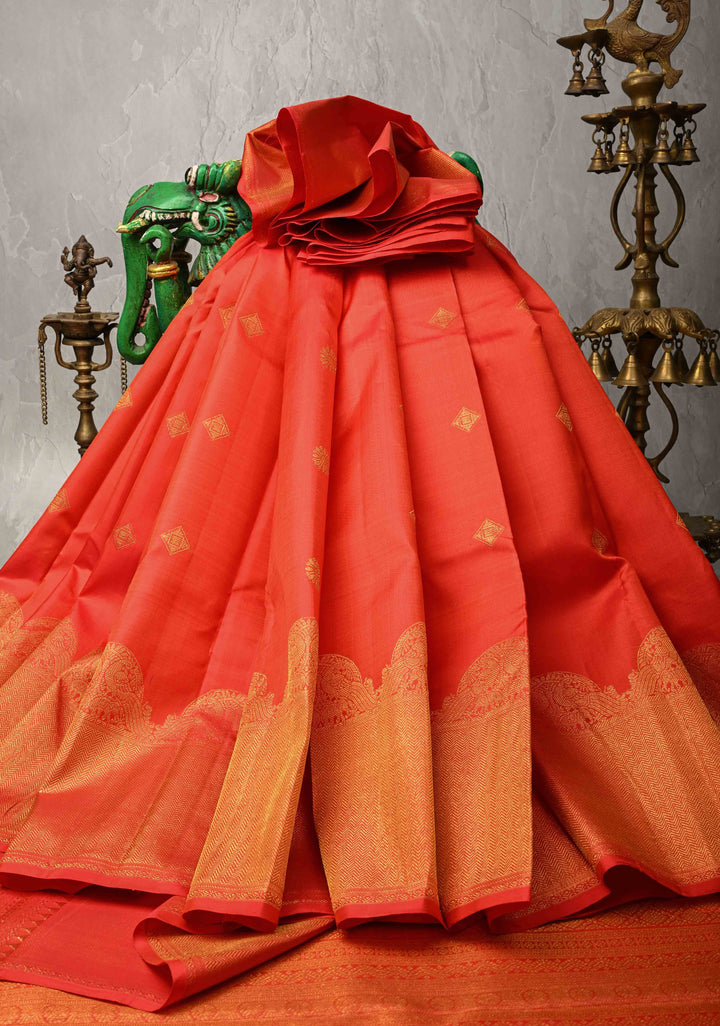 Reddish-Orange Kanjivaram Silk Saree with Zari Buttas and Arch Border | SILK MARK CERTIFIED