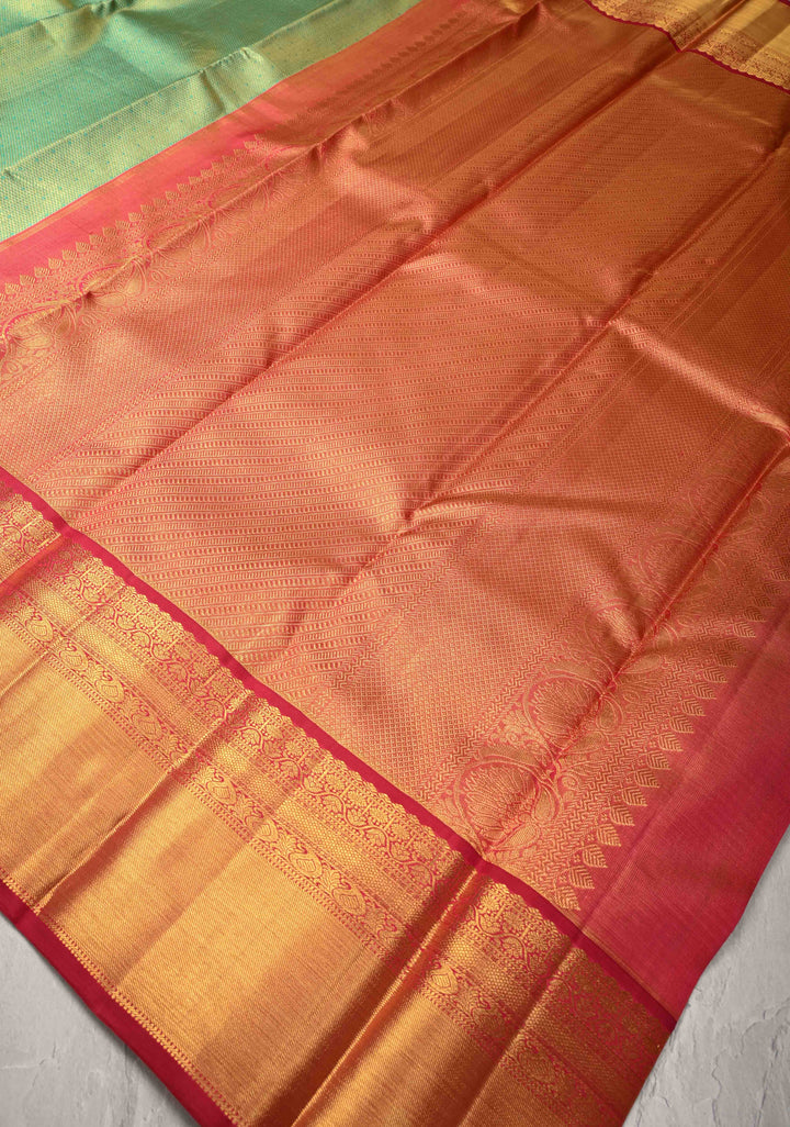 Korvai Tissue Brocade Parrot Green Tissue Brocade Kanjivaram Pure Silk Saree and Contrast Korvai Zari Border | SILK MARK CERTIFIED