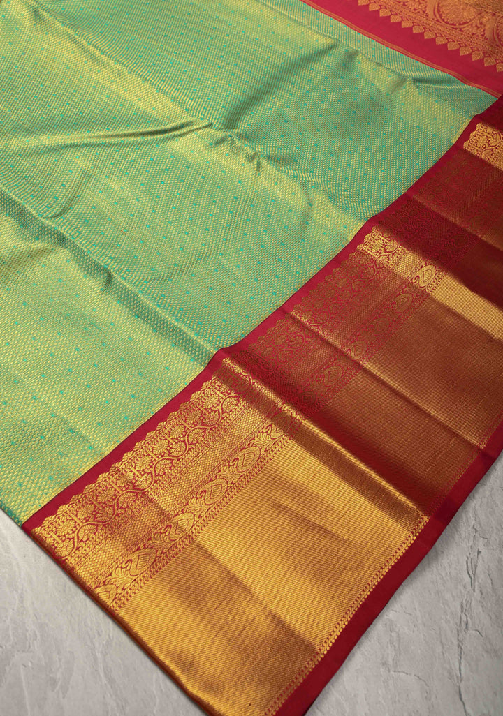 Korvai Tissue Brocade Parrot Green Tissue Brocade Kanjivaram Pure Silk Saree and Contrast Korvai Zari Border | SILK MARK CERTIFIED