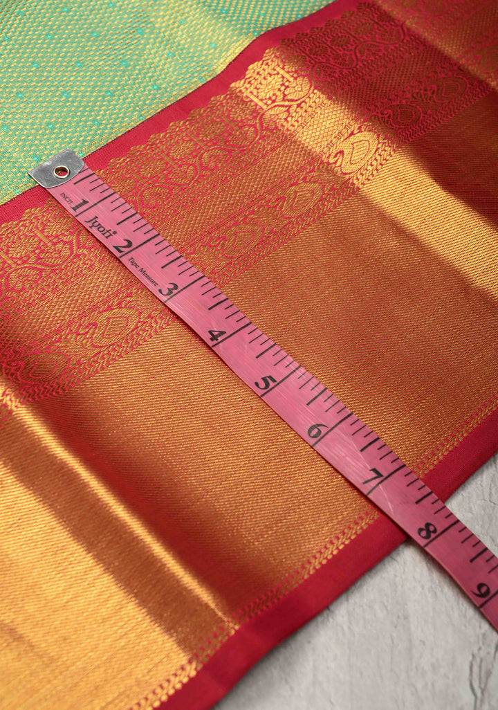Korvai Tissue Brocade Parrot Green Tissue Brocade Kanjivaram Pure Silk Saree and Contrast Korvai Zari Border | SILK MARK CERTIFIED