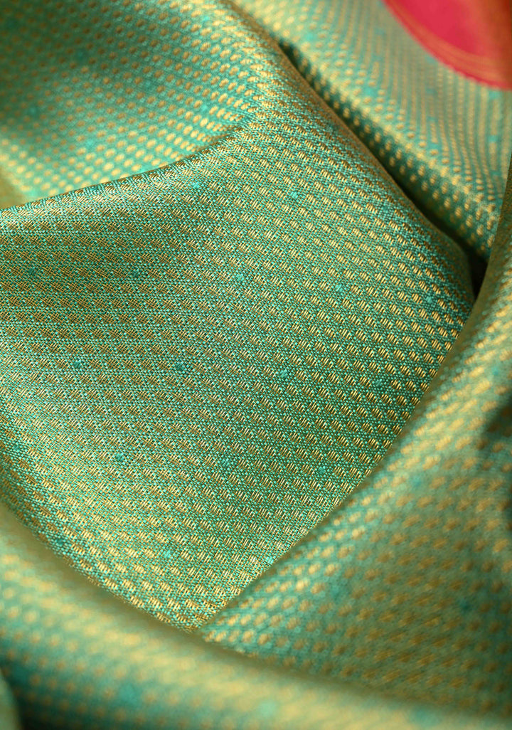 Korvai Tissue Brocade Parrot Green Tissue Brocade Kanjivaram Pure Silk Saree and Contrast Korvai Zari Border | SILK MARK CERTIFIED