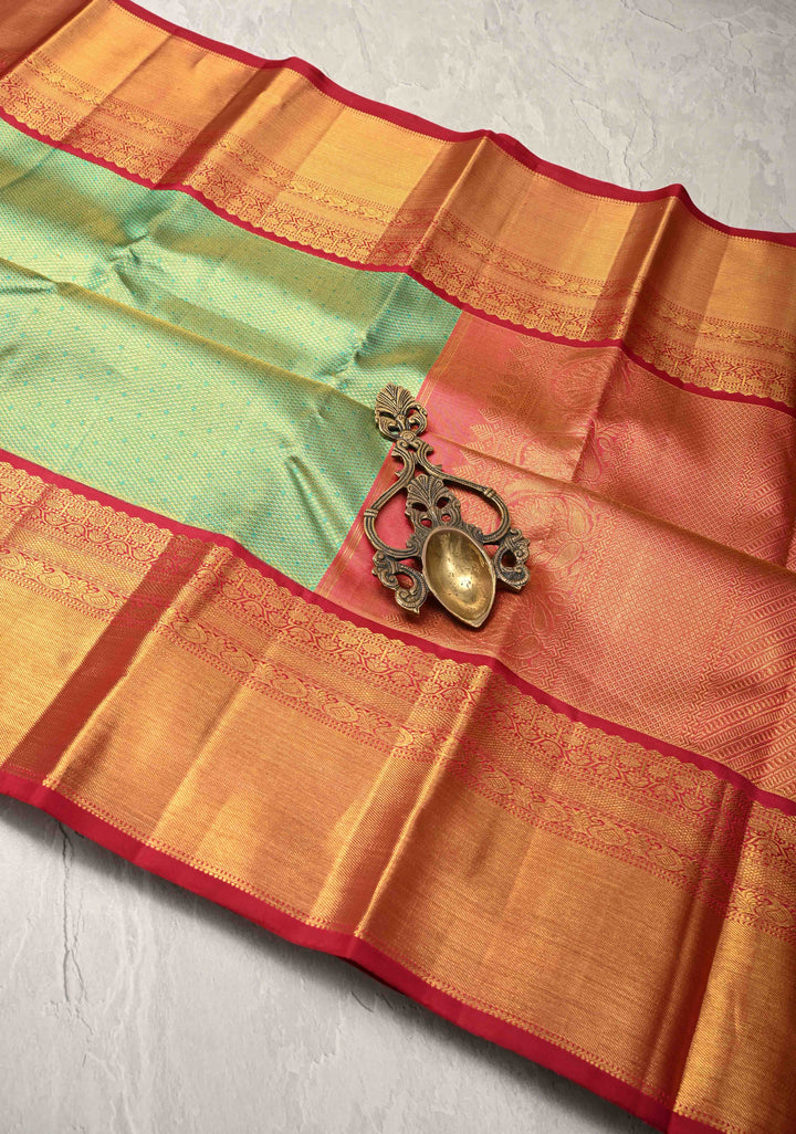 Korvai Tissue Brocade Parrot Green Tissue Brocade Kanjivaram Pure Silk Saree and Contrast Korvai Zari Border | SILK MARK CERTIFIED